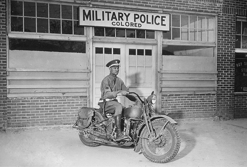 African-American MP on motorcycle in the segregated U.S. Army of WW II