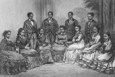 An engraving of the Fisk Jubilee Singers on their second European tour during the 1870s