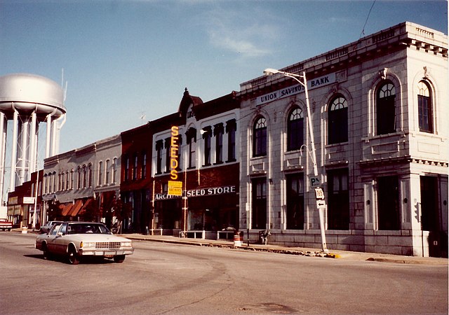 Sedalia, Missouri, June 1990. Main Street, across from where the Maple Leaf Club had been.