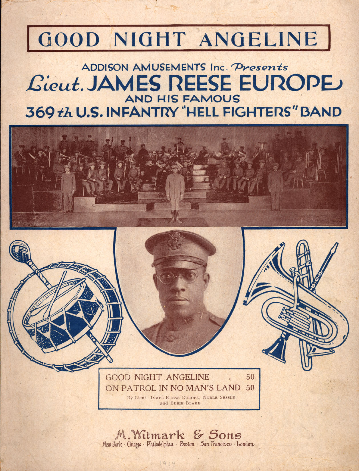 1919 sheet music cover for "Goodnight Angeline" with photo of James Reese Europe and his famous 369th U.S. Infantry "Hell Fighters" band.